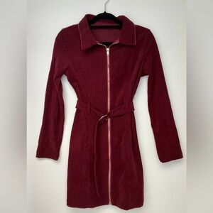 Corduroy Zip Front Belted Dress